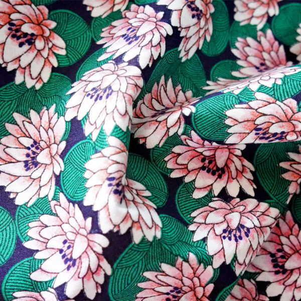 popeline coton motifs fleurs lotus vert